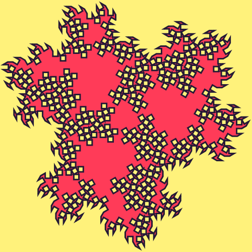 In this example we use acute, obtuse, and right angles for constructing the polygon transformation rule. By forming the fractal from a triangle and running it for 5 iterations, this transformation creates an unusual shape with tiny holes within the polygon and firey flames on the outside. We also changed some options such as set the starting movement direction to up and resized fractal to use a 500x500 pixels square frame.