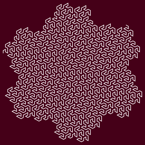 This example draws a 500x500 Gosper's curve using 4 iterations. It sets padding to 10 pixels and burgundy background color.