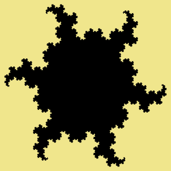 In this example we use a single color for all six hexadragons. As a result we get a virus-like dragon fractal. The canvas size is 600x600px and we use a 9th order curve.