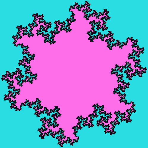 This example draws the Koch fractal from an equilateral 6-gon. The angle between the zigzag segments is 111 degrees. As we are generating 10 iterations of the fractal, the zigzag lines get so tiny and so close together that they delineate fractal's sharp, continuous edge.