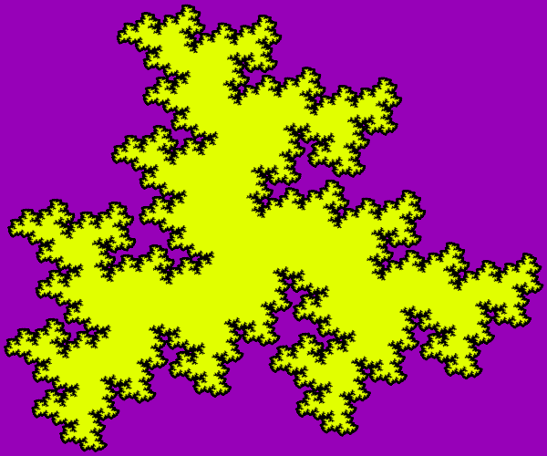 This example generates a Koch triangle using 11 iterations. Because it's generating so many iterations the fractal starts to look like an island. The shape of this island is also modified to rectangular 600px-by-500px.