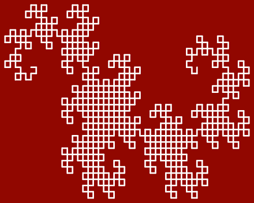 This example generates a 10th order dragon curve using simple L-system rewrite rules. We set background to red as dragons love to spit fire. The L-system dimensions are set to 500x400px.