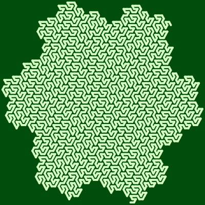 This example uses L-system rules to generate a fractal Gosper curve. It uses four iterations and angle of 60 degrees. Background is set to green and line width to 4px.