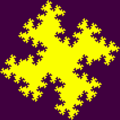 In this example we generate a more detailed 5th order quadric Koch flake. We also set the line thickness to zero and as a result the fractal generator uses only two colors – one for background and one for flake filling. We also set padding to 0 so the flake line touches the sides of the drawing area.