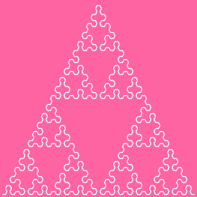 This example iterates Sierpinski arrowhead curve for 6 iterations on a 400x400 background, changes it to pink and foreground to white.