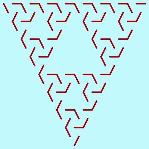 In this example, the base of the triangle is at the top and the legs are directed downward. The labyrinth is drawn for 5 iterations on a square frame measuring 500 by 500 pixels.