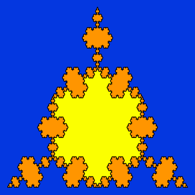 This example uses four colors to generate the triflake fractal. Here we use a three-pixel black contour line around the three snowflakes that have an orange fill. In the center, we draw a yellow Koch star and we use blue color for the square area that fractals are drawn on.