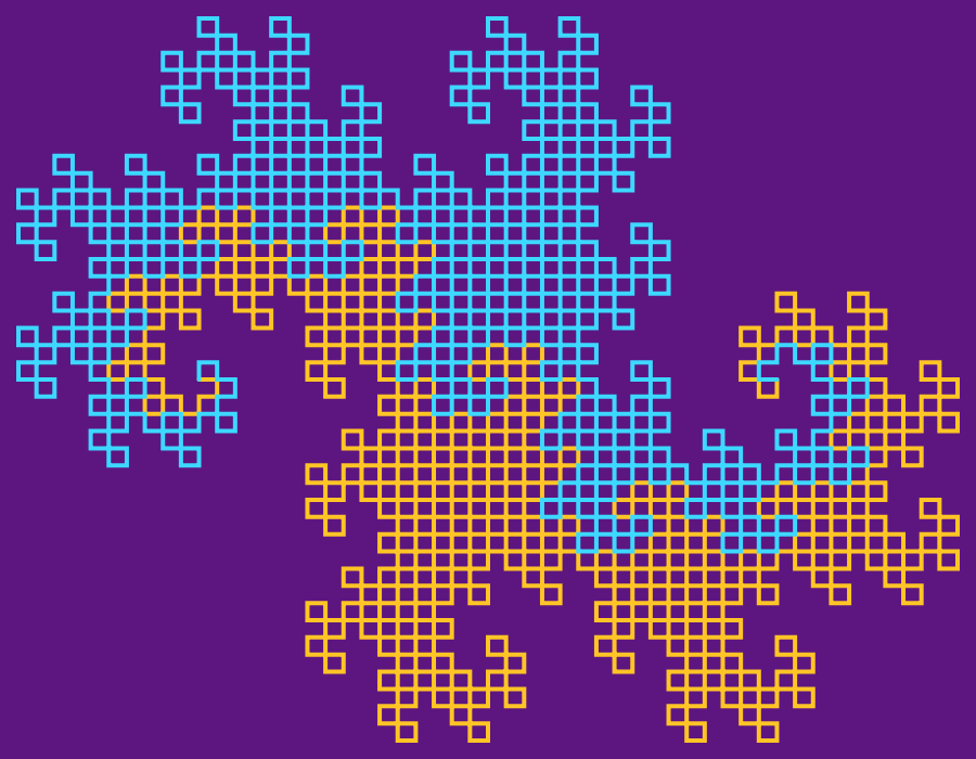 This example draws the first ten iterations of the Davis-Knuth dragon fractal on a canvas of size 900x700px. As there are only 10 iterations, you can clearly see how the dragon lines are constructed. Also we set the dragon's tail to be drawn down.