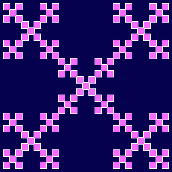 This example draws a 3rd order saltire form Vicsek snowflake on a 564x564px square with a navy background color, white curve color and pink inner color. It sets curve thickness to 4px and padding to 10px.