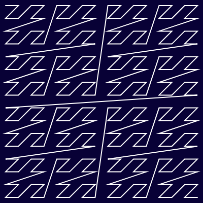 In this example, we set the number of iterations to 4 that results in 64 letters Z. All Z's are interconnected by lines and a continuous curve forms that passes through all Z's from the first one to the last.